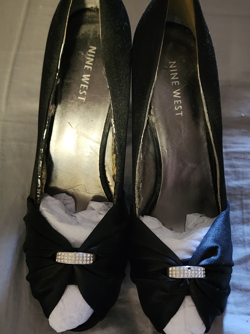 Nine West Black Satin Peep-Toe Heels with Rhinestone Accent